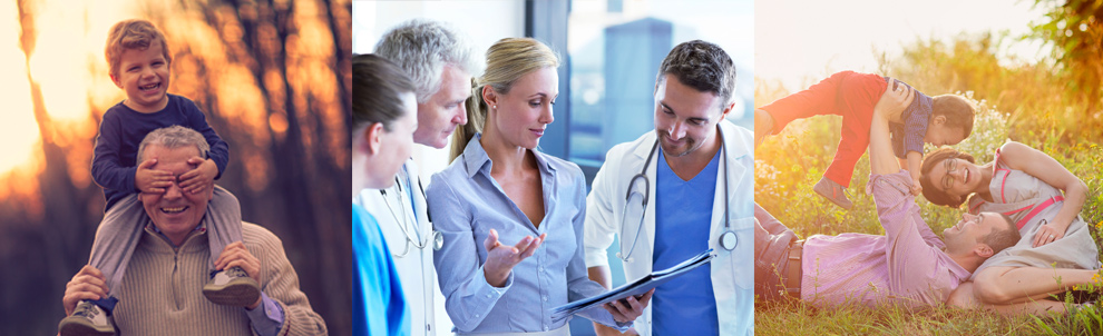 Three images side by side, from left - child riding on older mans shoulders, woman showing medical professionals documentation, man and woman with child in a field